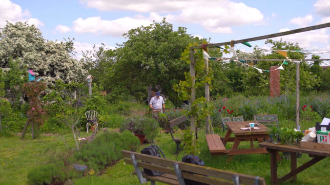 Volunteers working in a community garden for a social impact project